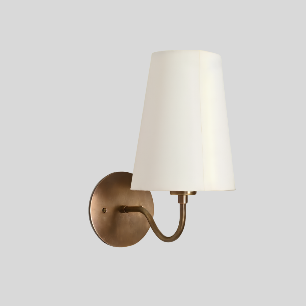 Small Curved Arm Linen Shade Sconce - Brass Bedside Wall Lamp