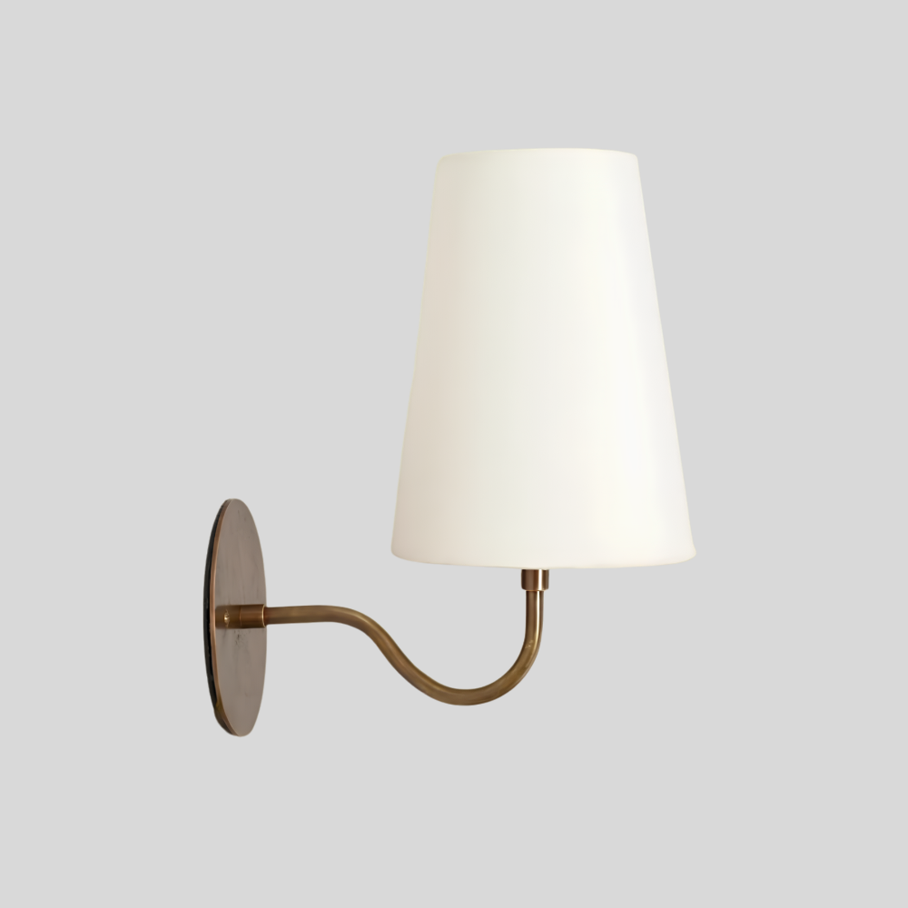 Small Curved Arm Linen Shade Sconce - Brass Bedside Wall Lamp