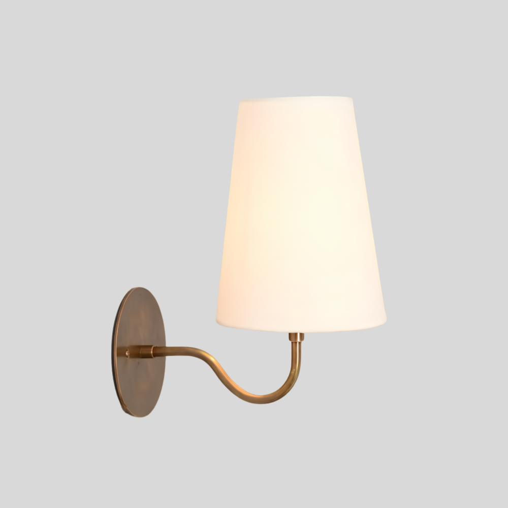 Small Curved Arm Linen Shade Sconce - Brass Bedside Wall Lamp