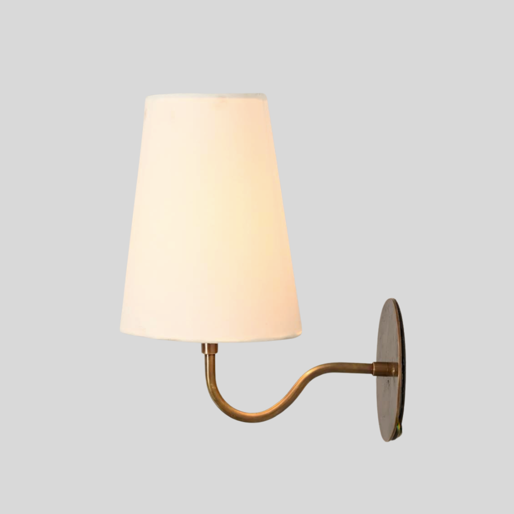 Small Curved Arm Linen Shade Sconce - Brass Bedside Wall Lamp