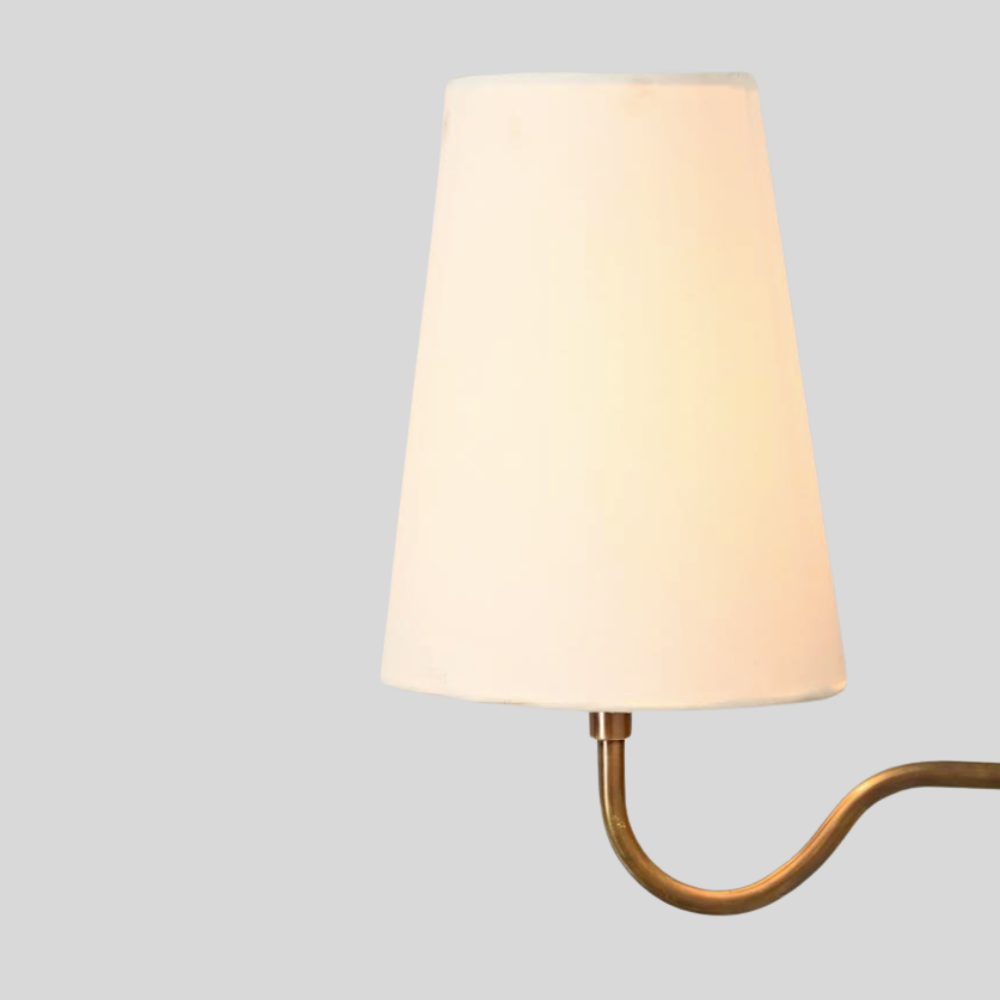 Small Curved Arm Linen Shade Sconce - Brass Bedside Wall Lamp
