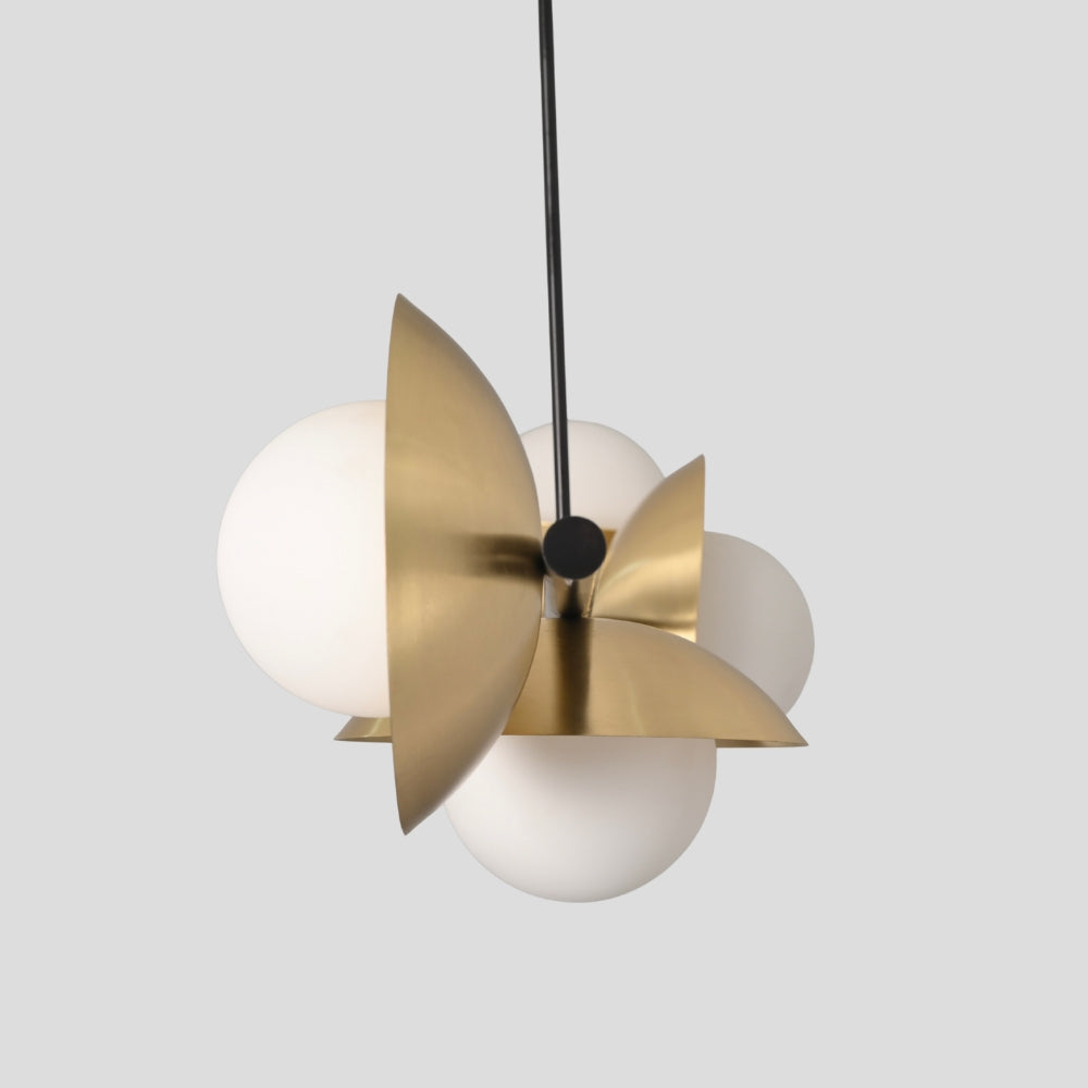 4 Brass Globe Chandelier - Matt Black Rod Ceiling Light