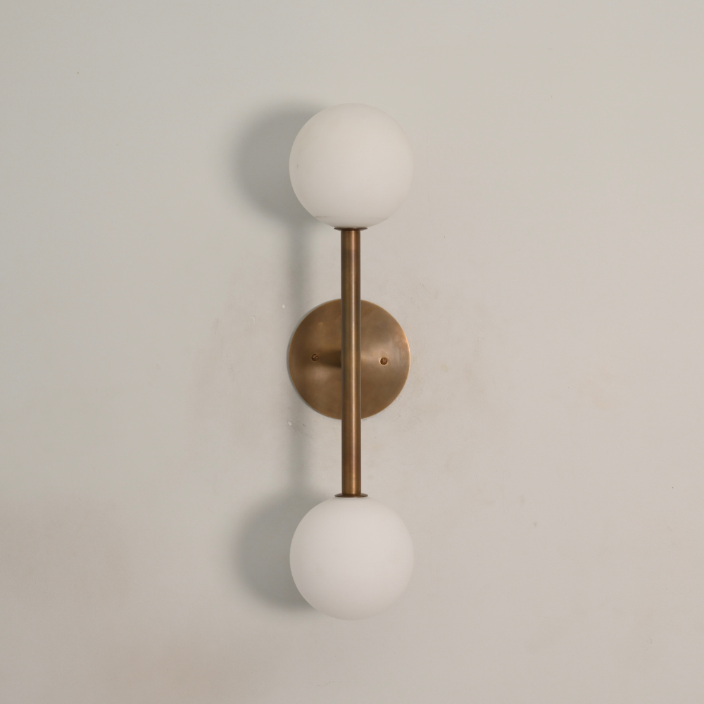 Dual Milk Glass Globe Wall Sconce & Brass Stem - 2 Light Vanity Light