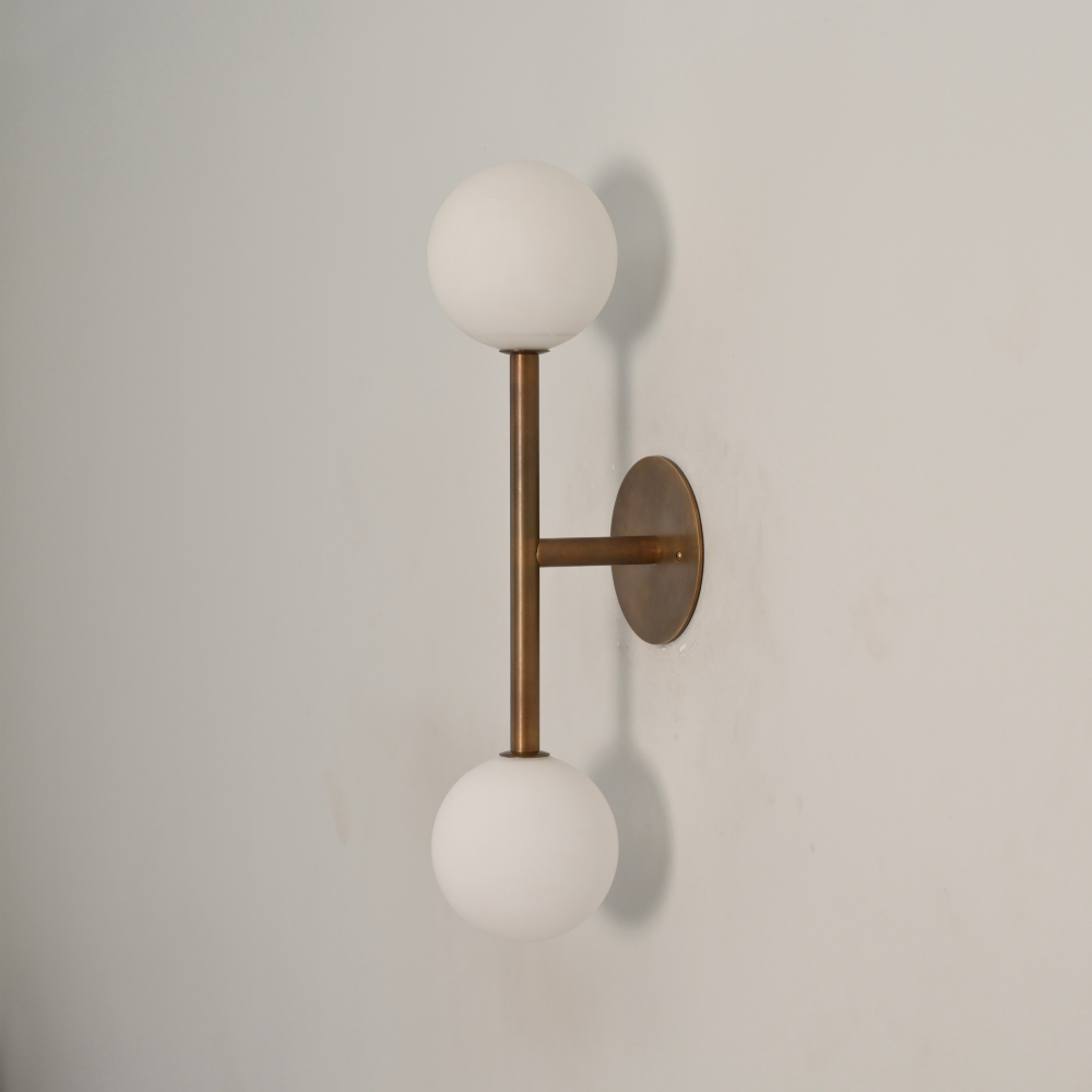 Dual Milk Glass Globe Wall Sconce & Brass Stem - 2 Light Vanity Light