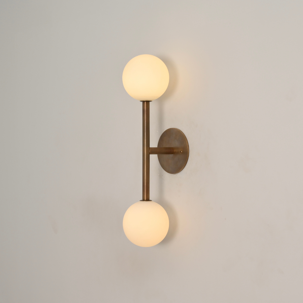Dual Milk Glass Globe Wall Sconce & Brass Stem - 2 Light Vanity Light