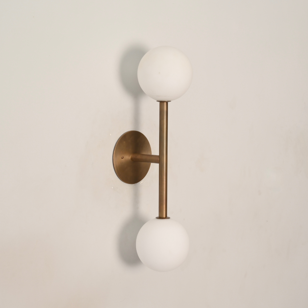 Dual Milk Glass Globe Wall Sconce & Brass Stem - 2 Light Vanity Light