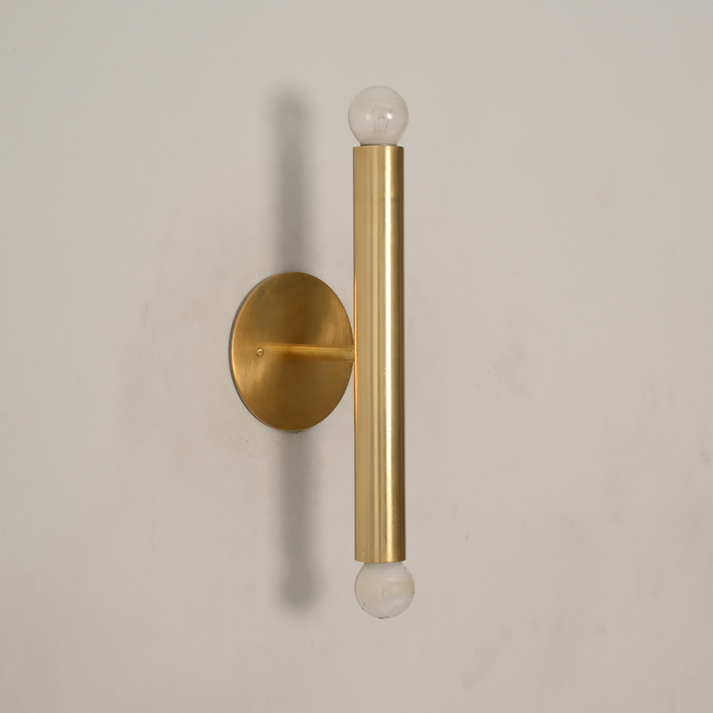 Slim Brass Cylinder Tube Sconce - 2 Light Bare Bulb Vertical Wall Lamp