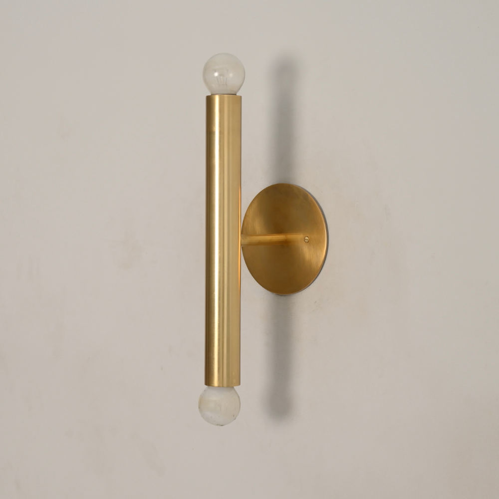 Slim Brass Cylinder Tube Sconce - 2 Light Bare Bulb Vertical Wall Lamp