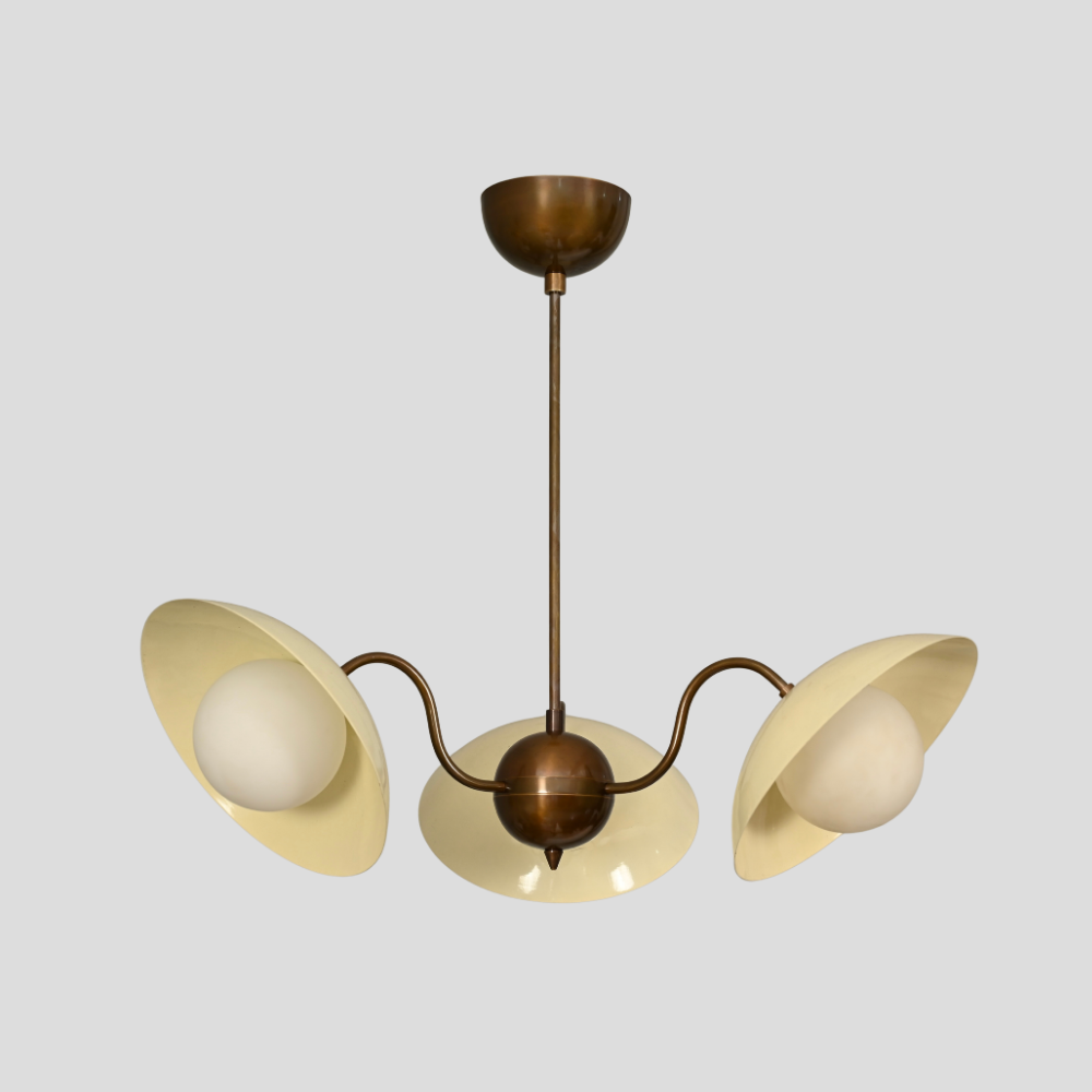 3 Light Mid Century Chandelier - Cream & Brass Globe Pendant