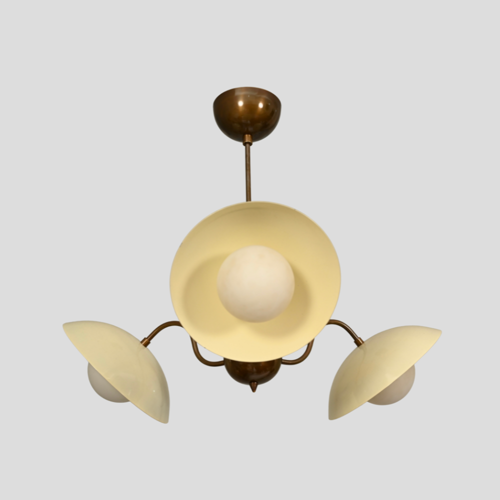 3 Light Mid Century Chandelier - Cream & Brass Globe Pendant