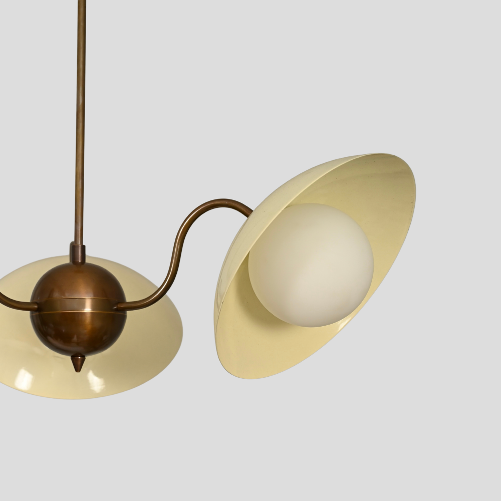 3 Light Mid Century Chandelier - Cream & Brass Globe Pendant