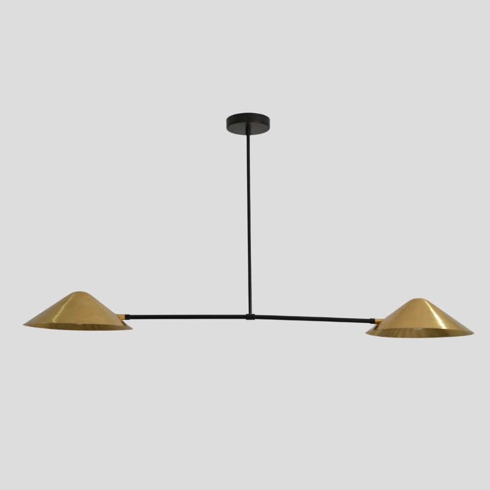 Modern pendant light with gold lampshades on a gray background
