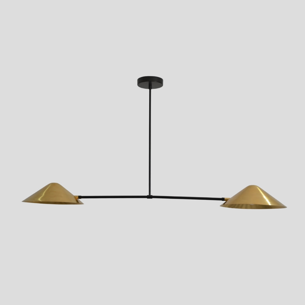 Mid century sputnik pendant with a matt black rod and a double brass shade 