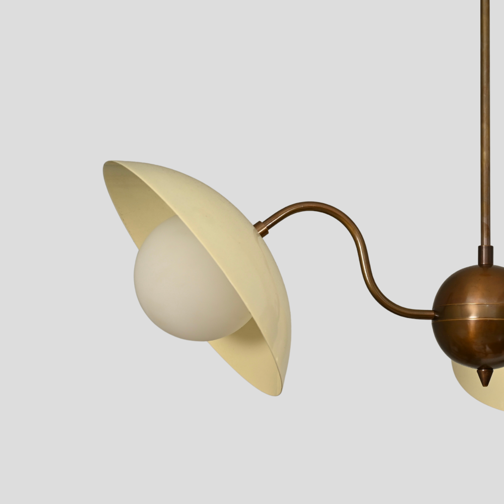 3 Light Mid Century Chandelier - Cream & Brass Globe Pendant