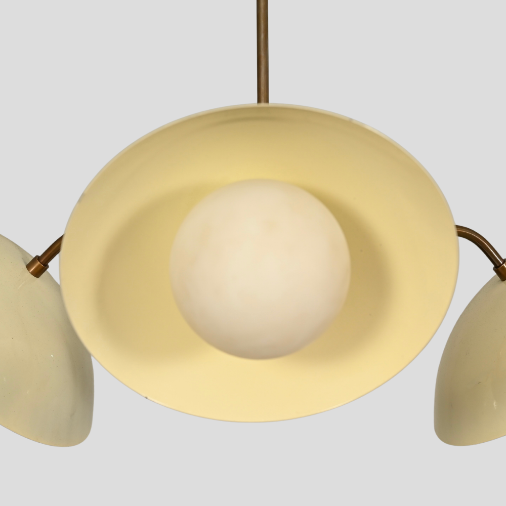 3 Light Mid Century Chandelier - Cream & Brass Globe Pendant
