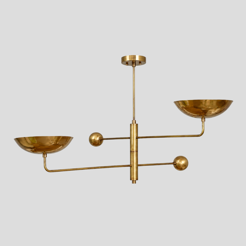 Double Arm Brass Bowl Chandelier - Mid Century Twin Linear Dome Pendant