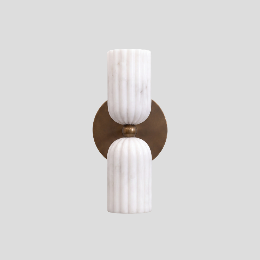 Dual Fluted Alabaster Sconce - Brass Ribbed Marble Shade Wall Lamp