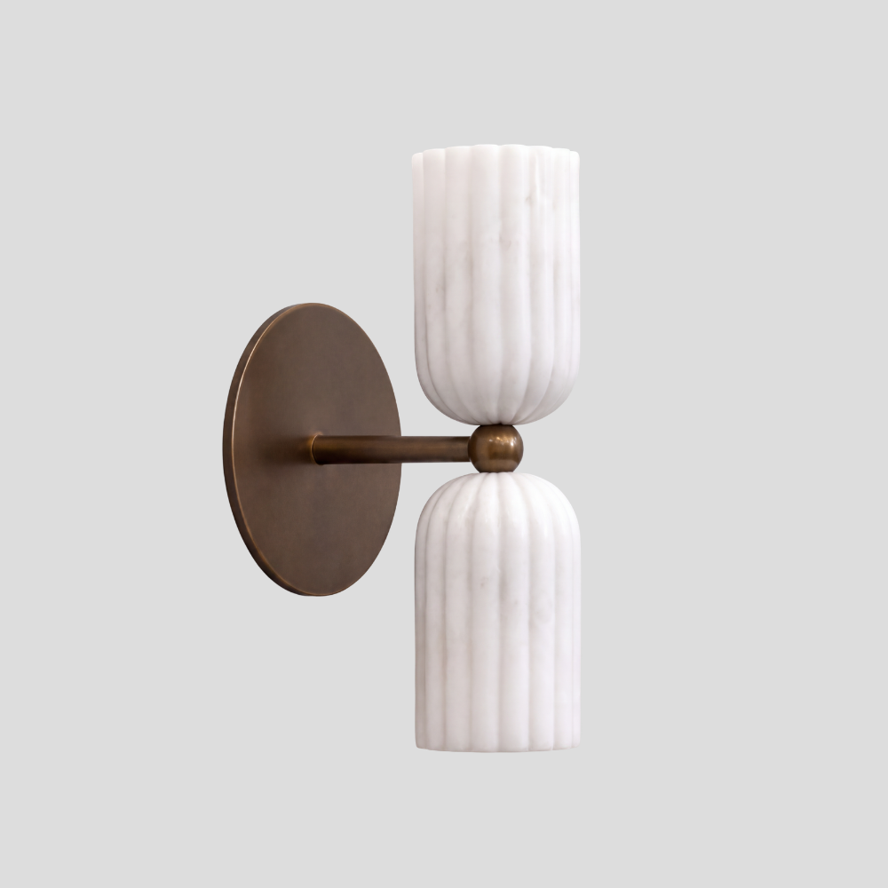 Dual Fluted Alabaster Sconce - Brass Ribbed Marble Shade Wall Lamp