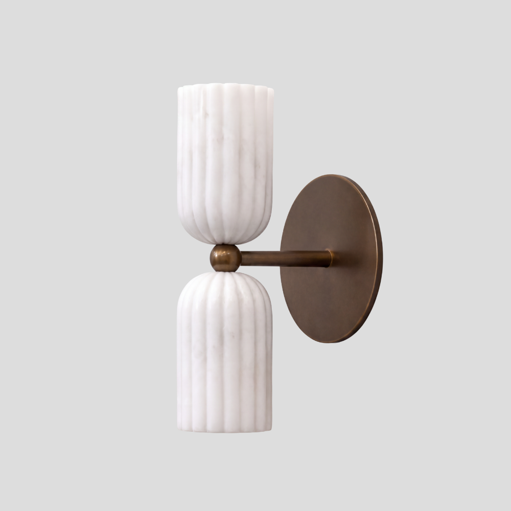 Dual Fluted Alabaster Sconce - Brass Ribbed Marble Shade Wall Lamp