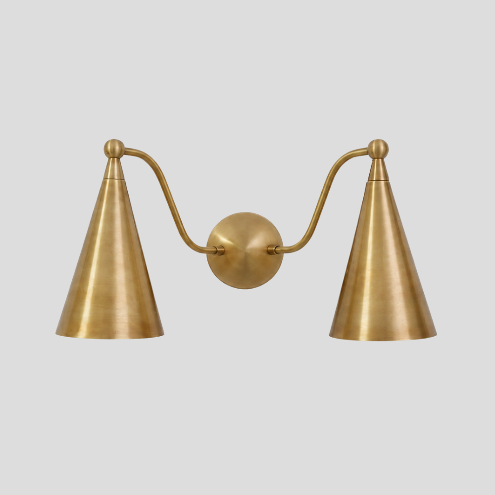 Double Brass Cone Vanity Light - Mid Century Curved Arm Sconce