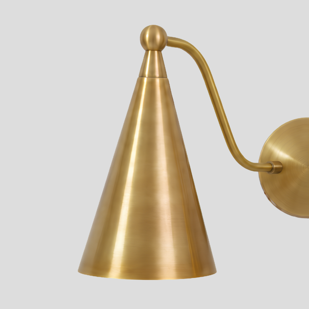 Double Brass Cone Vanity Light - Mid Century Curved Arm Sconce