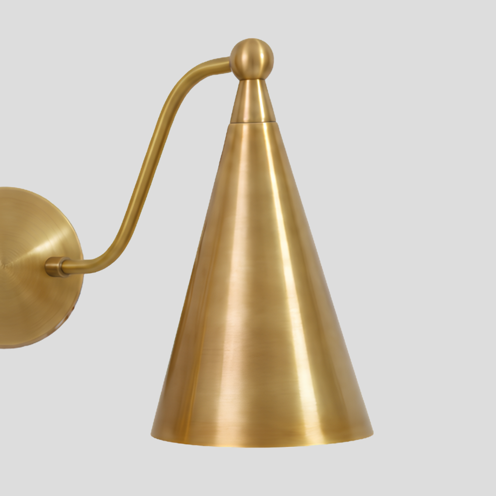 Double Brass Cone Vanity Light - Mid Century Curved Arm Sconce