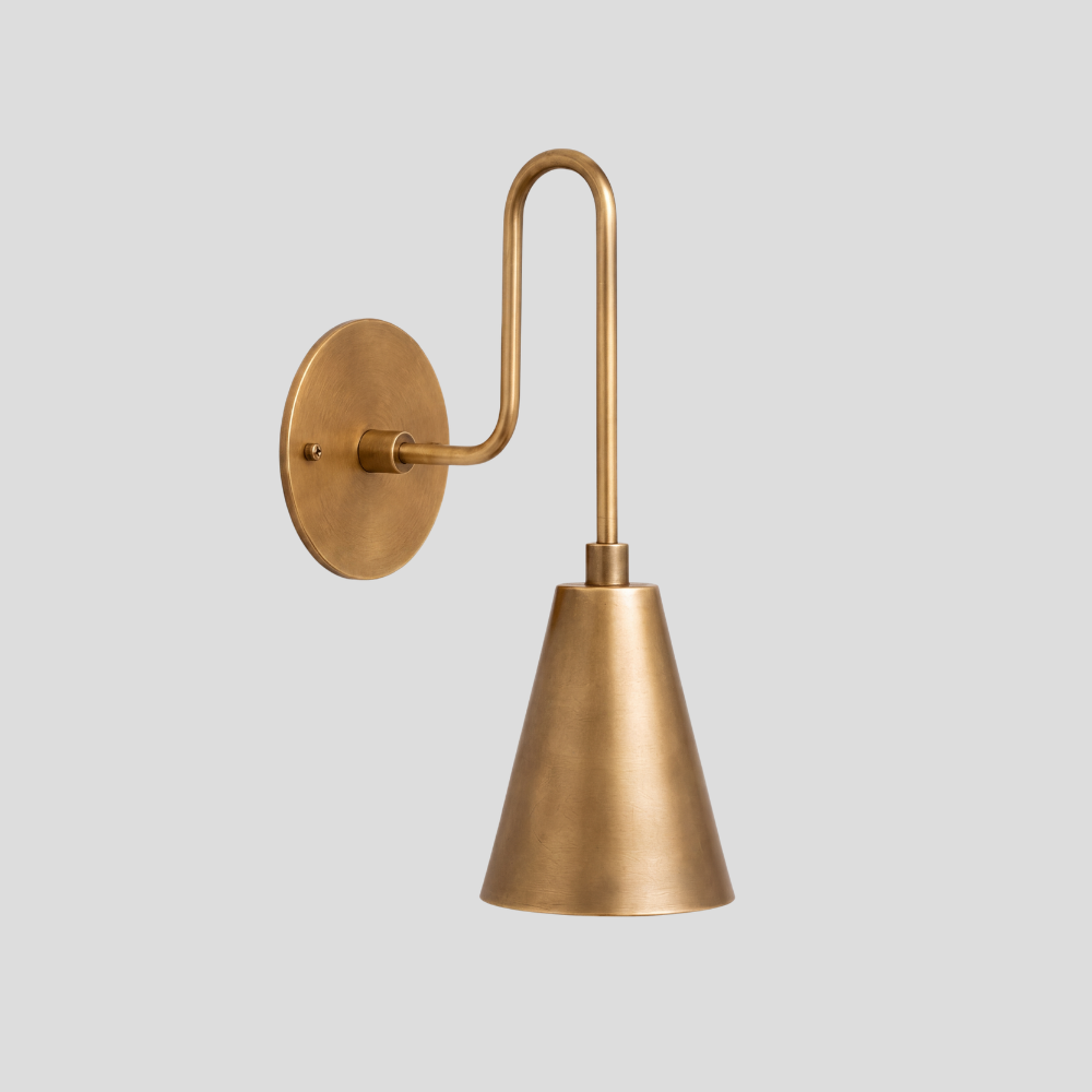Modern Brass Long Cone Wall Lamp - Mid Century Curved Loop Arm Sconce