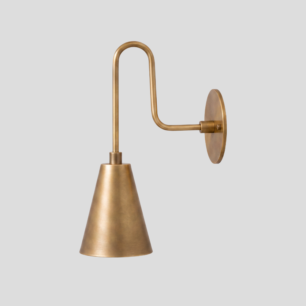 Modern Brass Long Cone Wall Lamp - Mid Century Curved Loop Arm Sconce