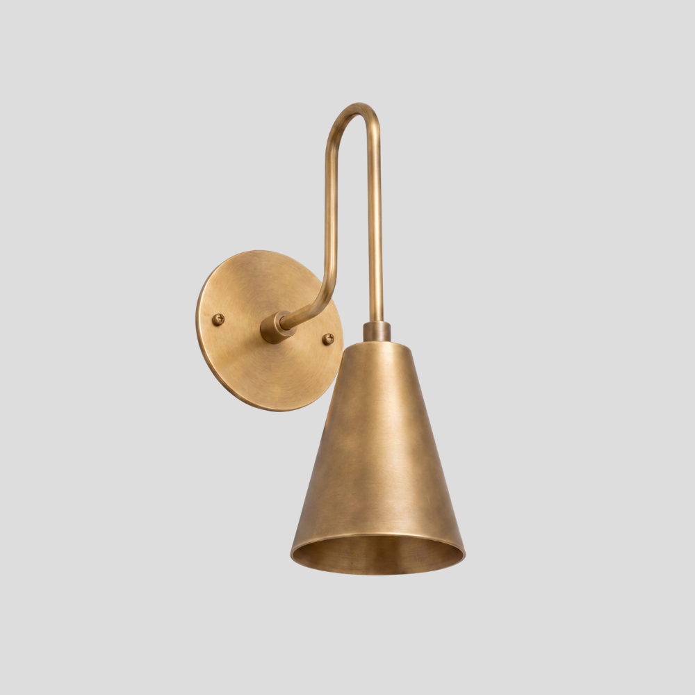 Modern Brass Long Cone Wall Lamp - Mid Century Curved Loop Arm Sconce