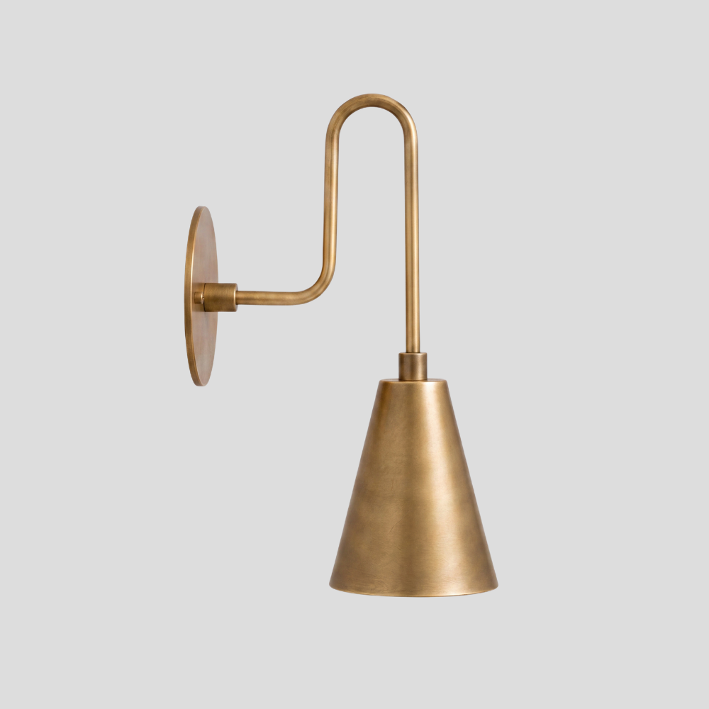 Modern Brass Long Cone Wall Lamp - Mid Century Curved Loop Arm Sconce