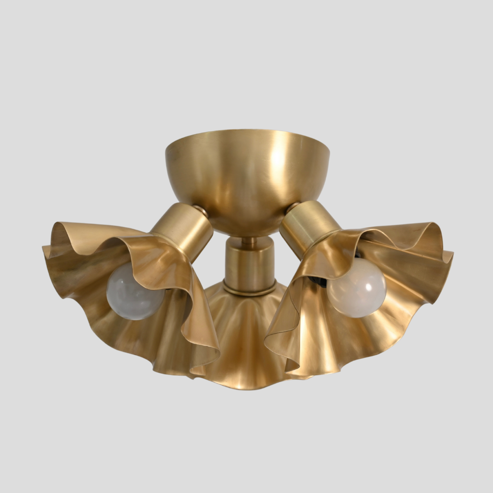 modern raw brass ruffled flush mount with three arm handcrafted 