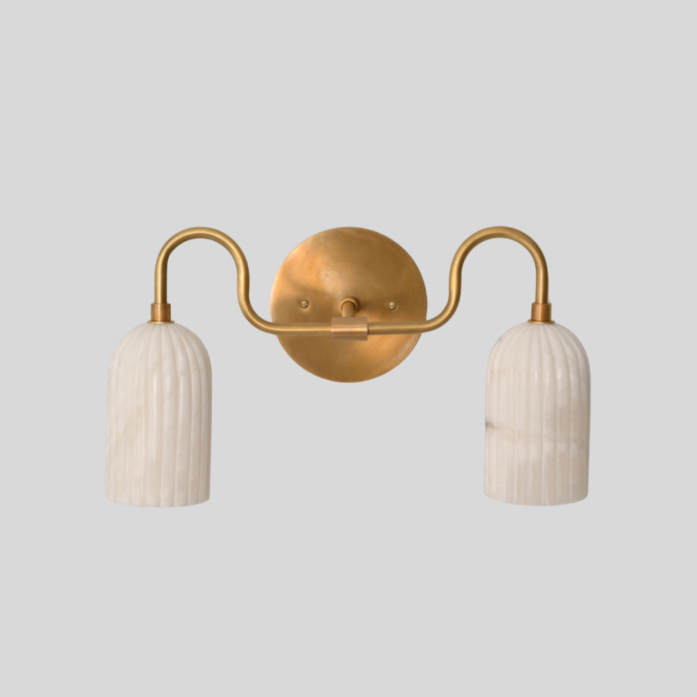 Double Ribbed Alabaster Vanity Light - Mid Century Brass Marble Wall Sconce