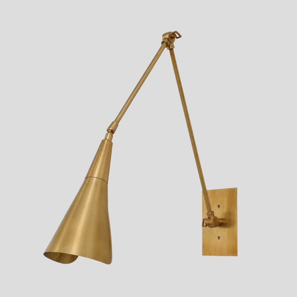 Long Brass Swing Arm Sconce - Modern Adjustable Cone Wall Lamp