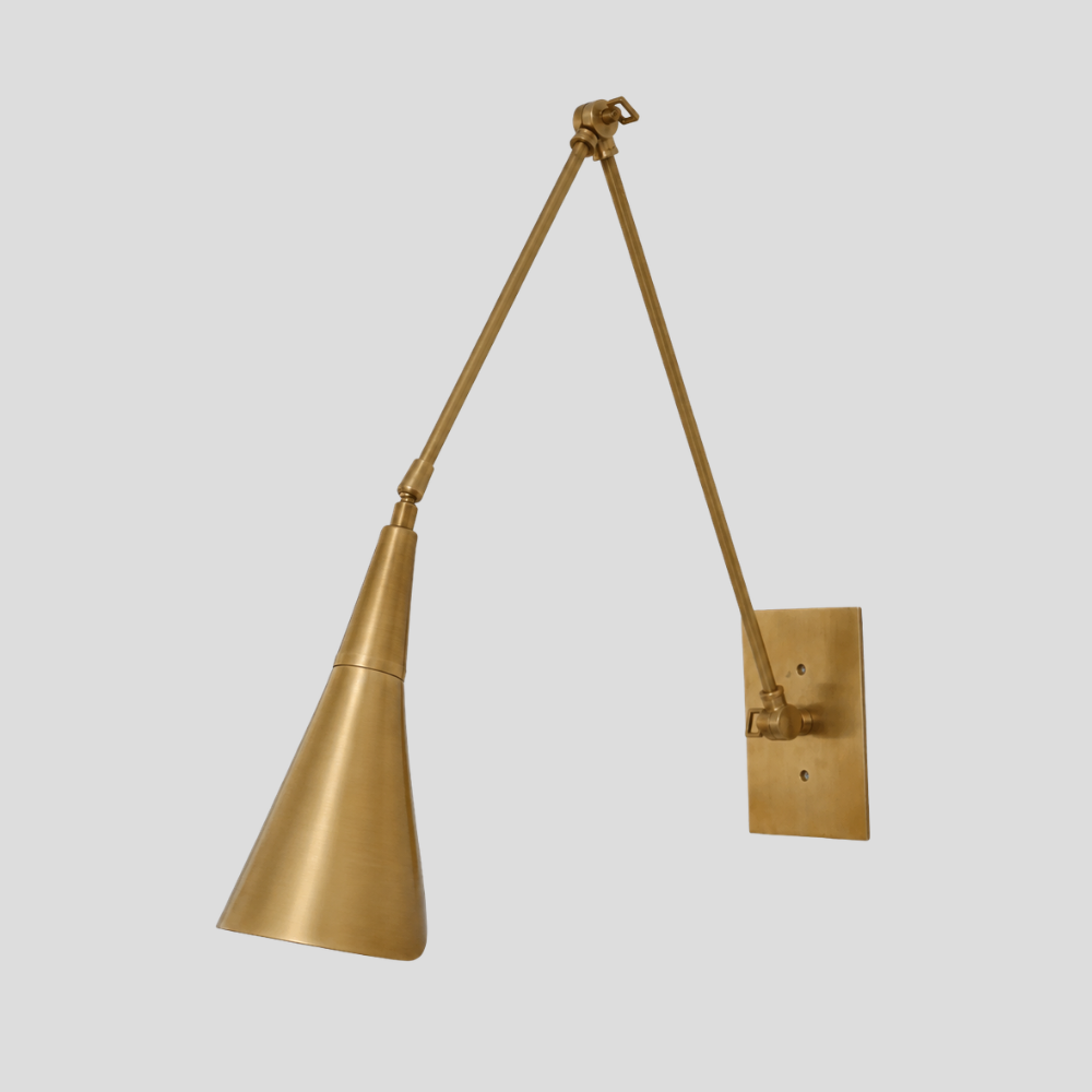 Long Brass Swing Arm Sconce - Modern Adjustable Cone Wall Lamp