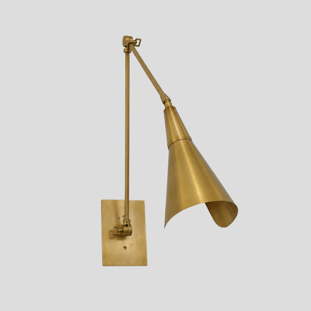 Long Brass Swing Arm Sconce - Modern Adjustable Cone Wall Lamp