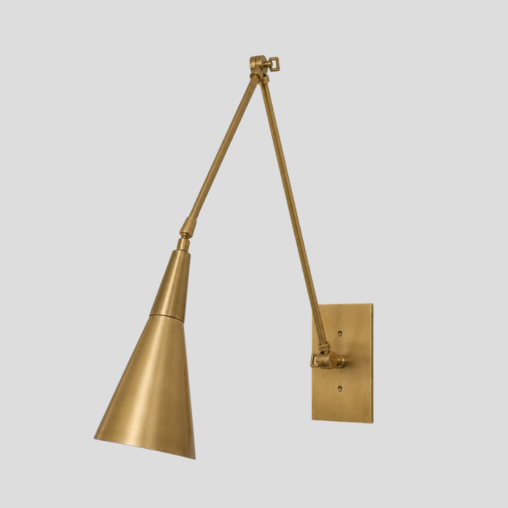 Long Brass Swing Arm Sconce - Modern Adjustable Cone Wall Lamp