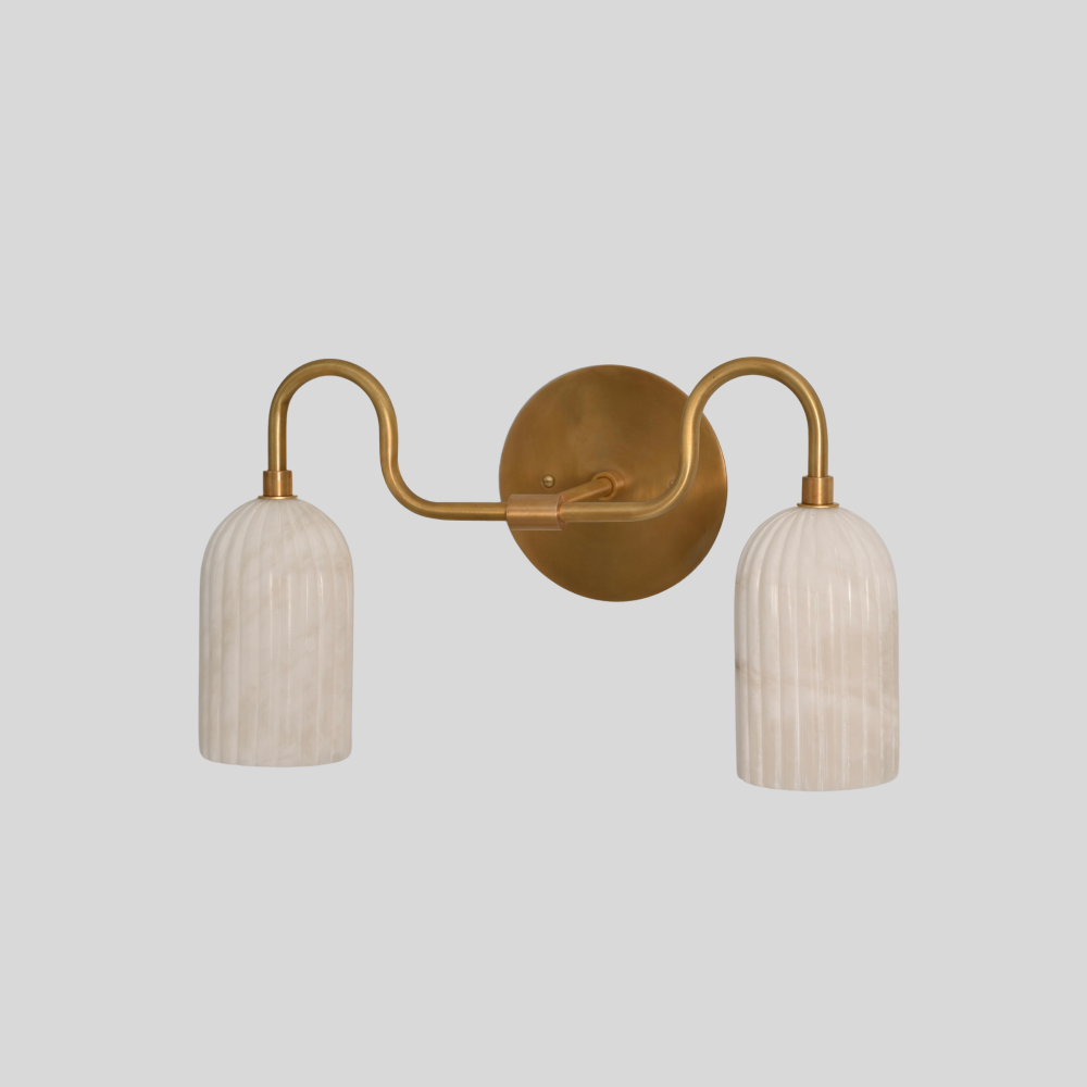 Double Ribbed Alabaster Vanity Light - Mid Century Brass Marble Wall Sconce
