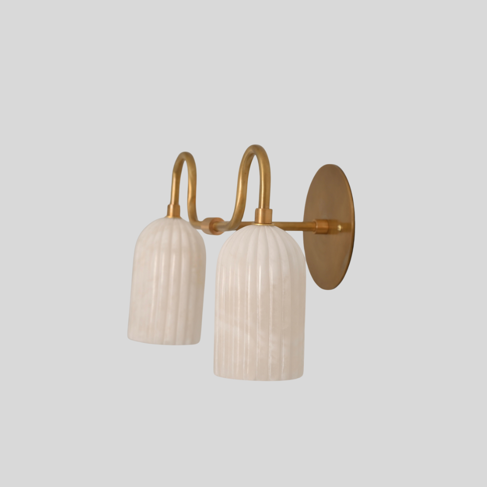 Double Ribbed Alabaster Vanity Light - Mid Century Brass Marble Wall Sconce