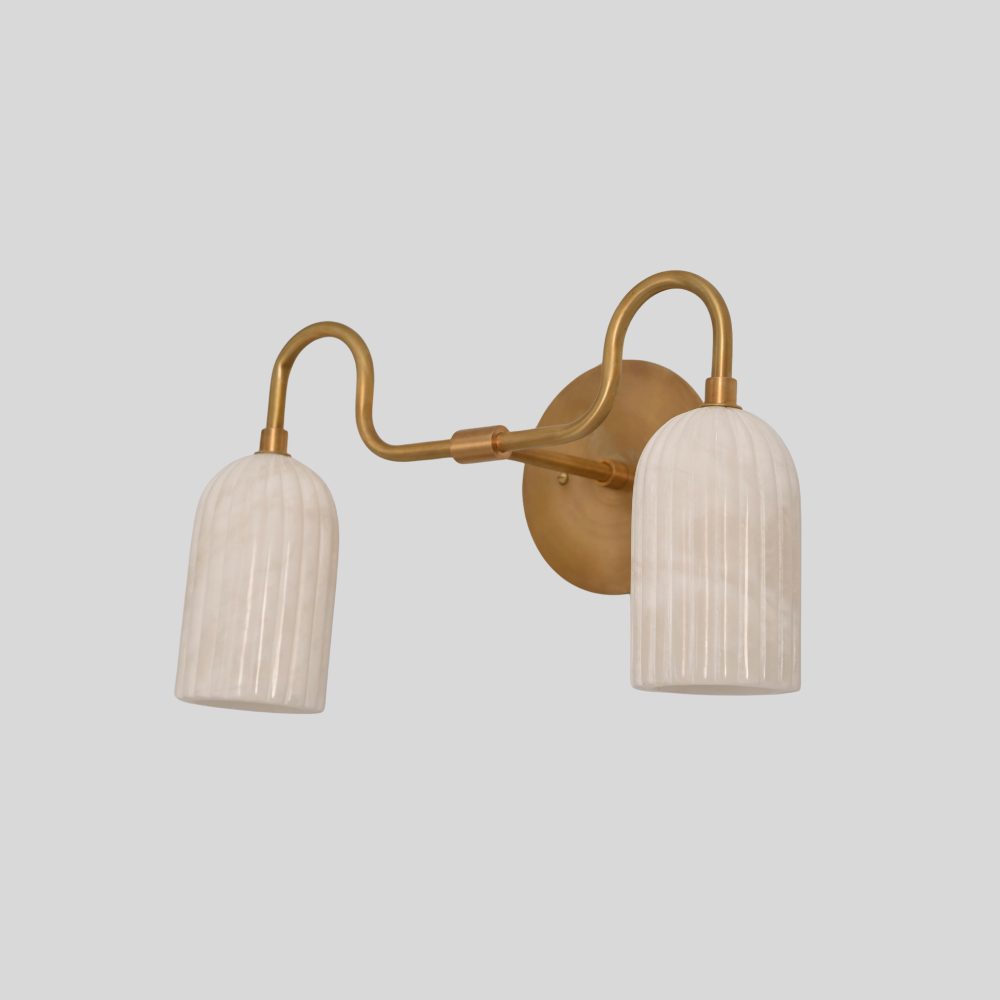 Double Ribbed Alabaster Vanity Light - Mid Century Brass Marble Wall Sconce