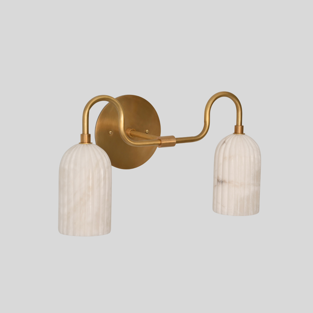 Double Ribbed Alabaster Vanity Light - Mid Century Brass Marble Wall Sconce