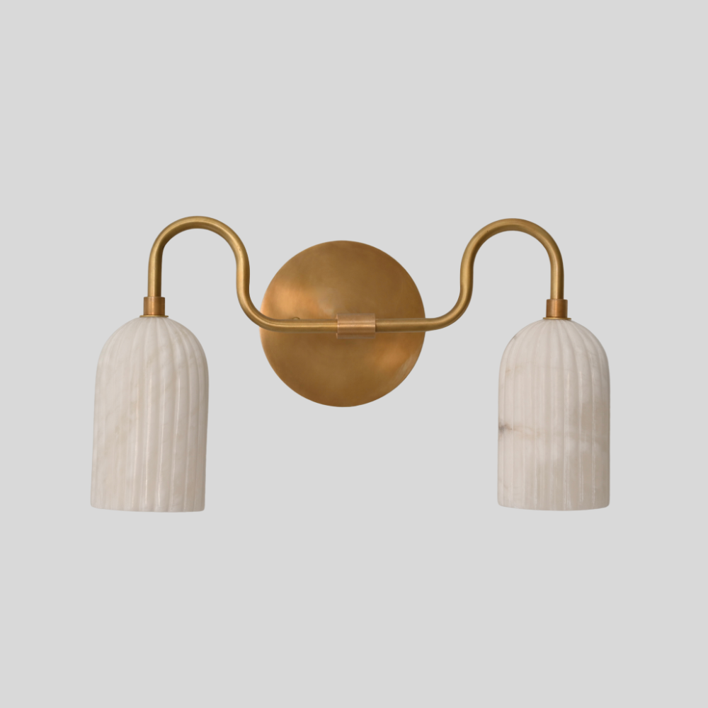 Double Ribbed Alabaster Vanity Light - Mid Century Brass Marble Wall Sconce