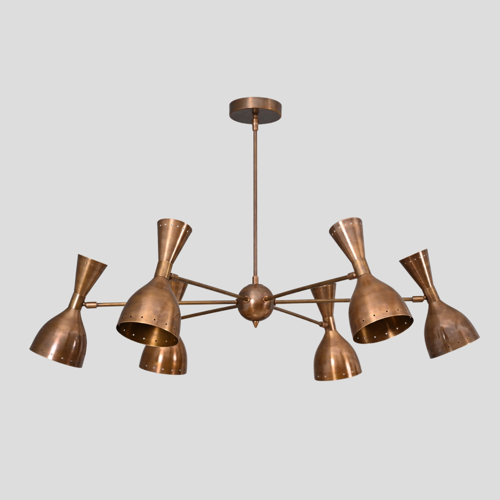 Bronze chandelier with six lampshades on a light gray background