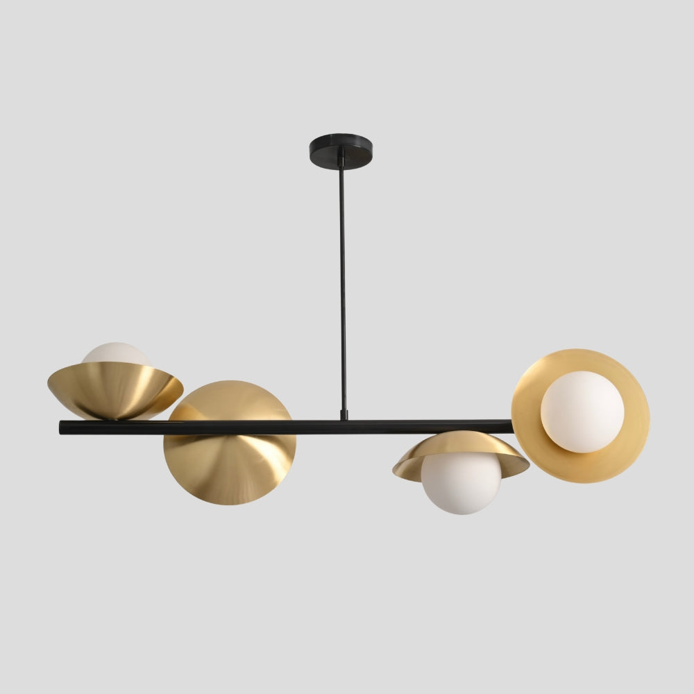 4 glass globe chandelier with pure brass shade and a matt black rod 