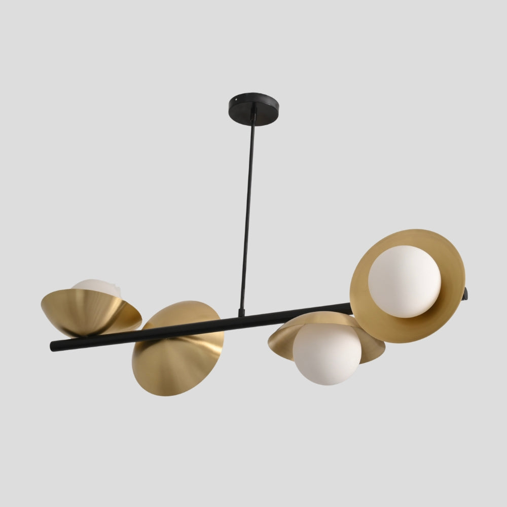 4 glass globe chandelier ceiling light with a pure raw brass and matt black finishes