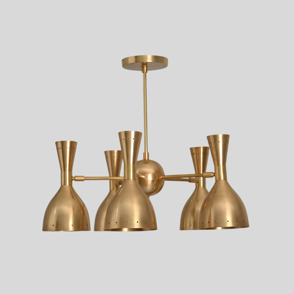 5 Brass Dual Cone Chandelier - Perforated Diabolo Ceiling Light