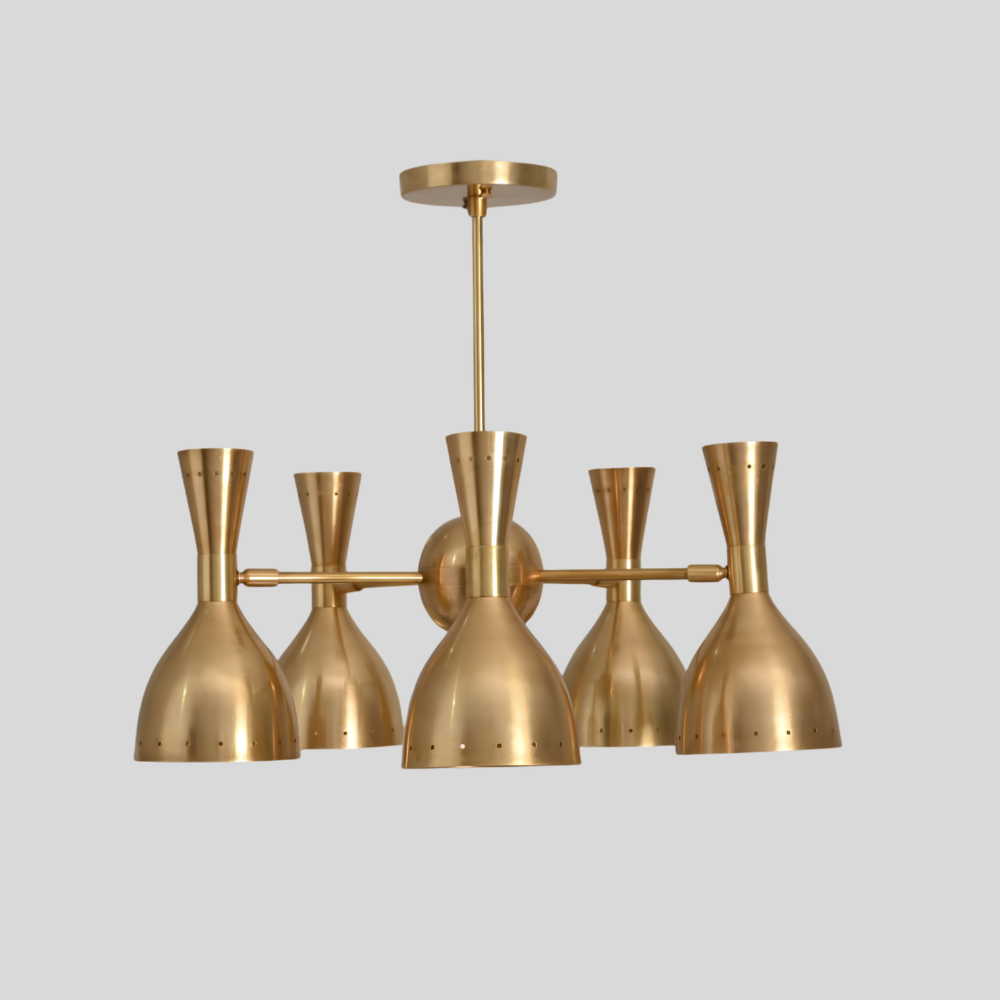 5 Brass Dual Cone Chandelier - Perforated Diabolo Ceiling Light