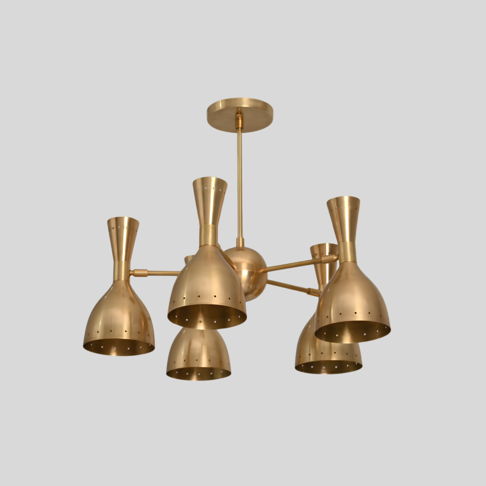 5 Brass Dual Cone Chandelier - Perforated Diabolo Ceiling Light