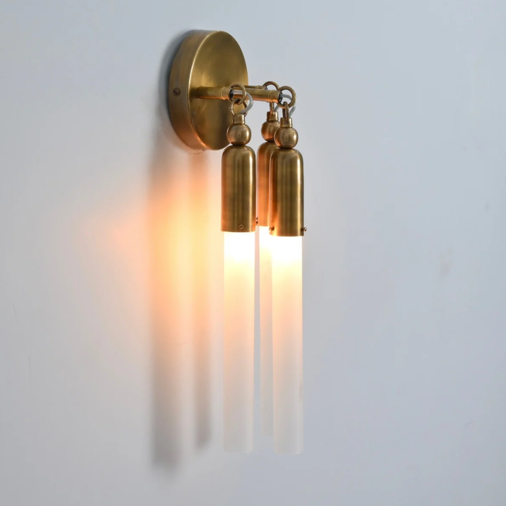 3 Light Brass Glass Tube Wall Sconce - Handmade Mid Century Wall Light