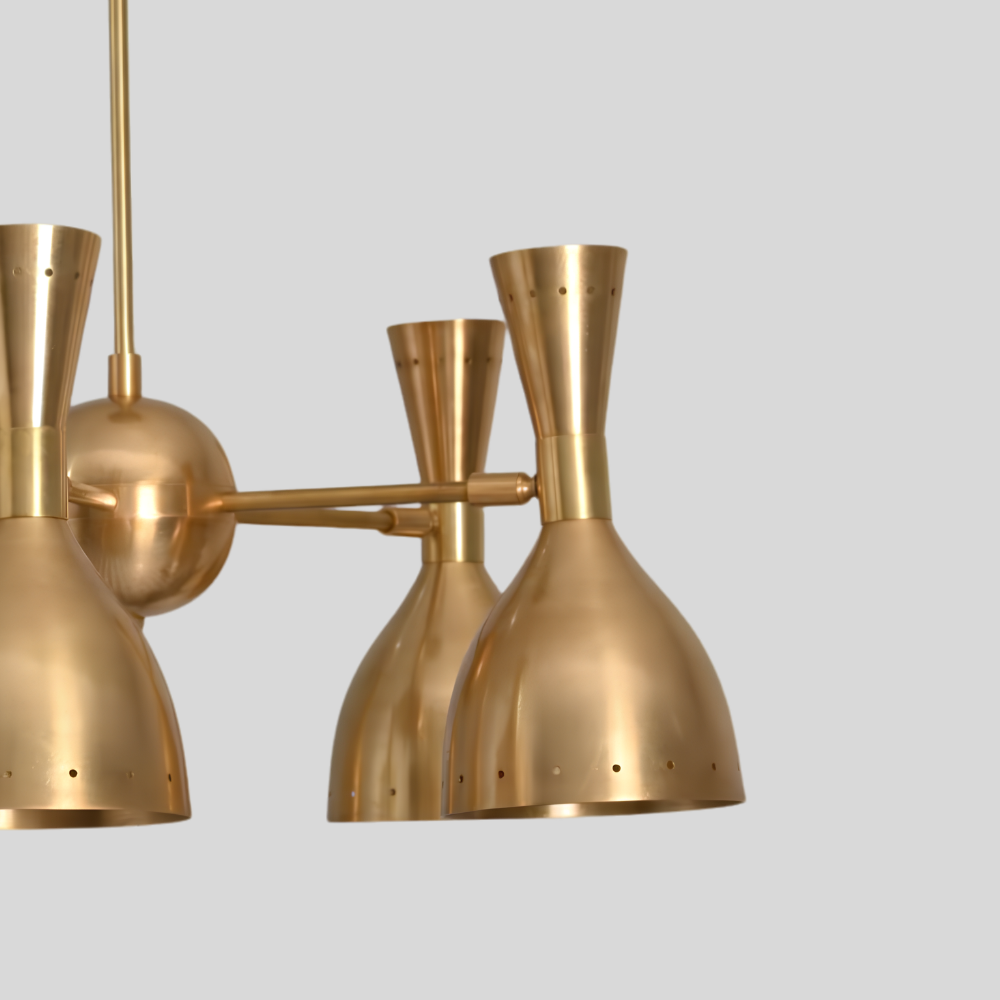 5 Brass Dual Cone Chandelier - Perforated Diabolo Ceiling Light