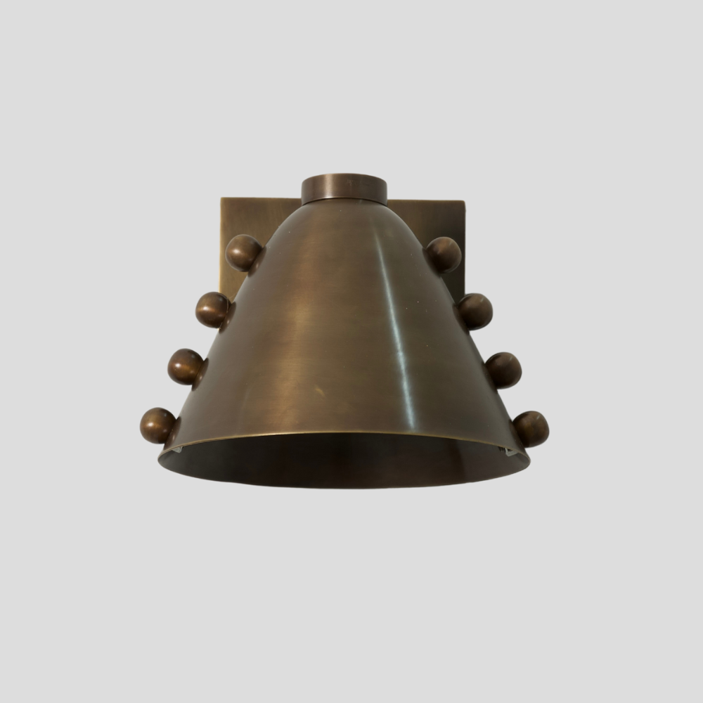 Antique Brass cone wall sconce with decorative spheres - handmade mid century wall lamp